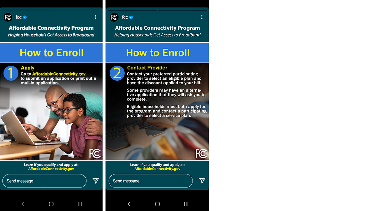 Click to display image depicting both Instagram Story parts on Affordable Connectivity Program, how to enroll