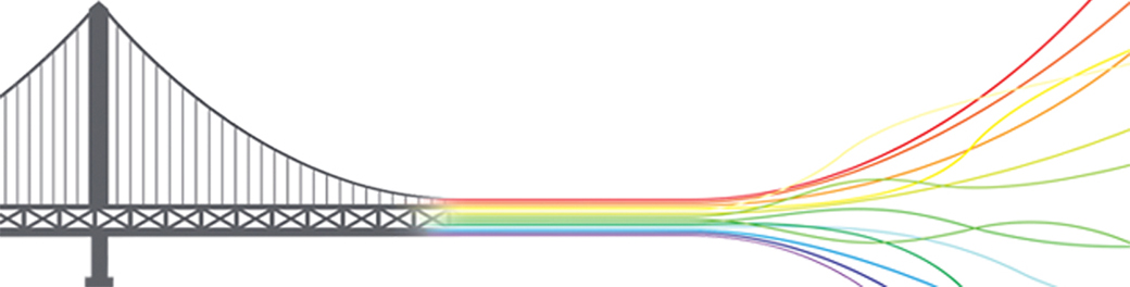 Suspension bridge transforming into rainbow colored cables Suspension bridge transforming into rainbow colored cables