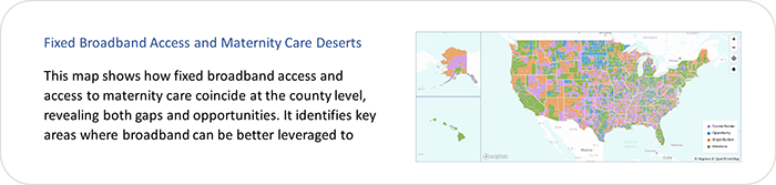 Map thumbnail image: Fixed Broadband Access and Maternity Care Deserts, click for larger image