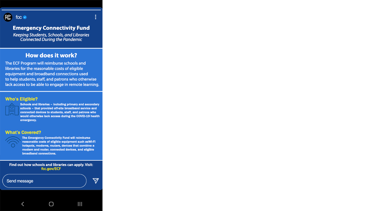Emergency Connectivity Fund - Instagram Story on how does it work, as displayed on a phone screen