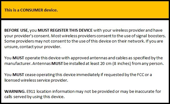 Manufacturer consumer warning label signal boosters