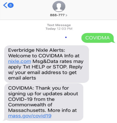 매사추세츠 접촉자 추적 문자메시지 예시