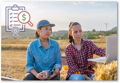 accountability icon watermark on image of women in a farm field looking at a laptop on a hay bale girl wearing ear buds writing in front of laptop computer