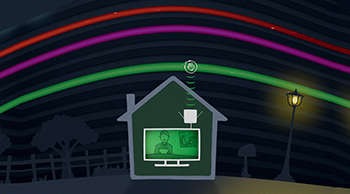 Drawing of TV set in a house with antenna connecting to colored frequency bands in sky