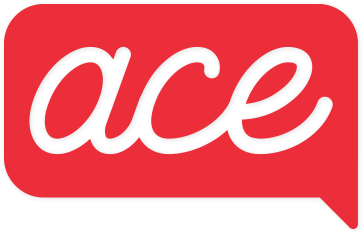 ACE - Accessible Communications for Everyone - logo with white cursive ace letters on a red thought bubble background