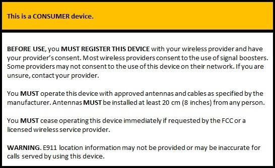 Warning label for consumer signal booster