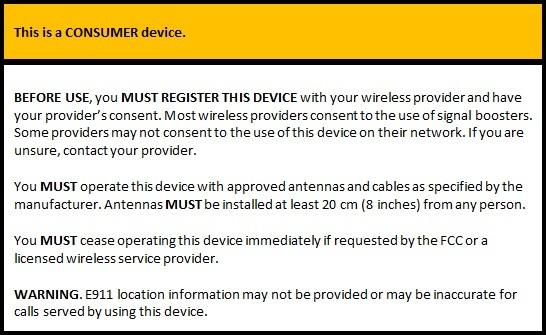 Manufacturer consumer warning label signal boosters