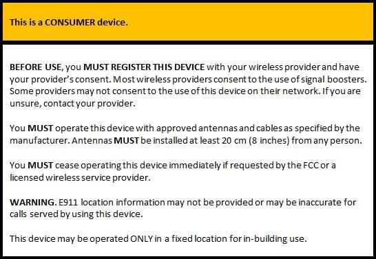 Manufacturer consumer warning fixed label signal boosters