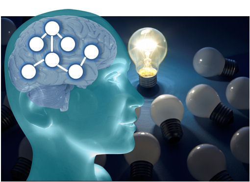 Image of a brain with neural connections, with light bulbs (one standing upright and illuminated, the others are on their sides and unlit) in the background.